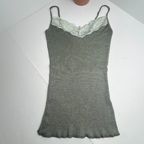 Michael Stars Green Ribbed Cami Top Lace Trim Y2K Aesthetic One Size USA Preppy - Picture 1 of 8